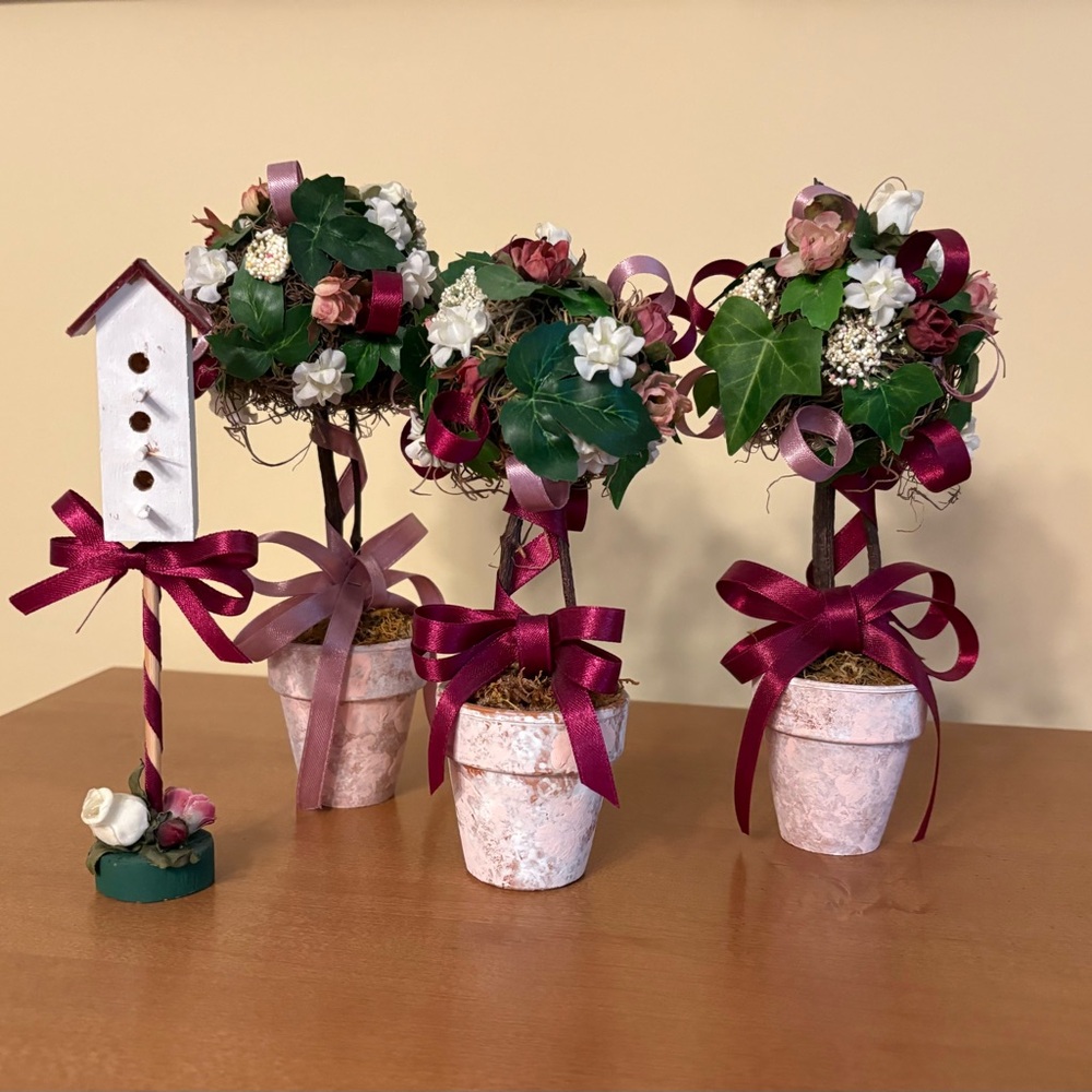 3 Handmade Cottage Core Topiaries with Matching Birdhouse Vintage